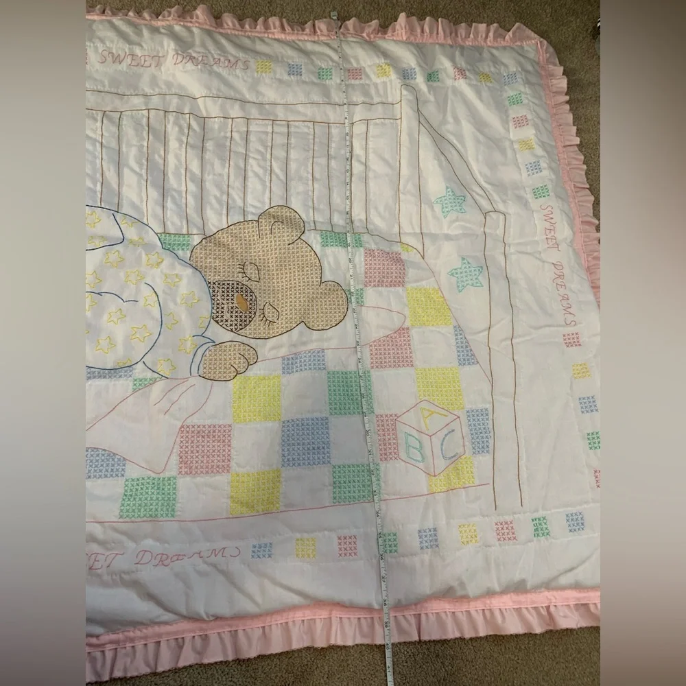 Homemade Pink and White Baby Quilt with Bear Design